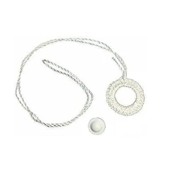 White crochet necklace with circular pendant.