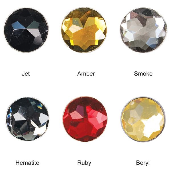 Six faceted gemstones in different colors.