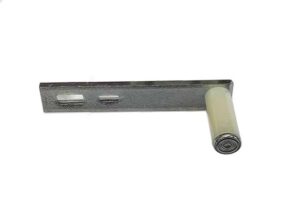Metal bracket with cylindrical roller attachment.