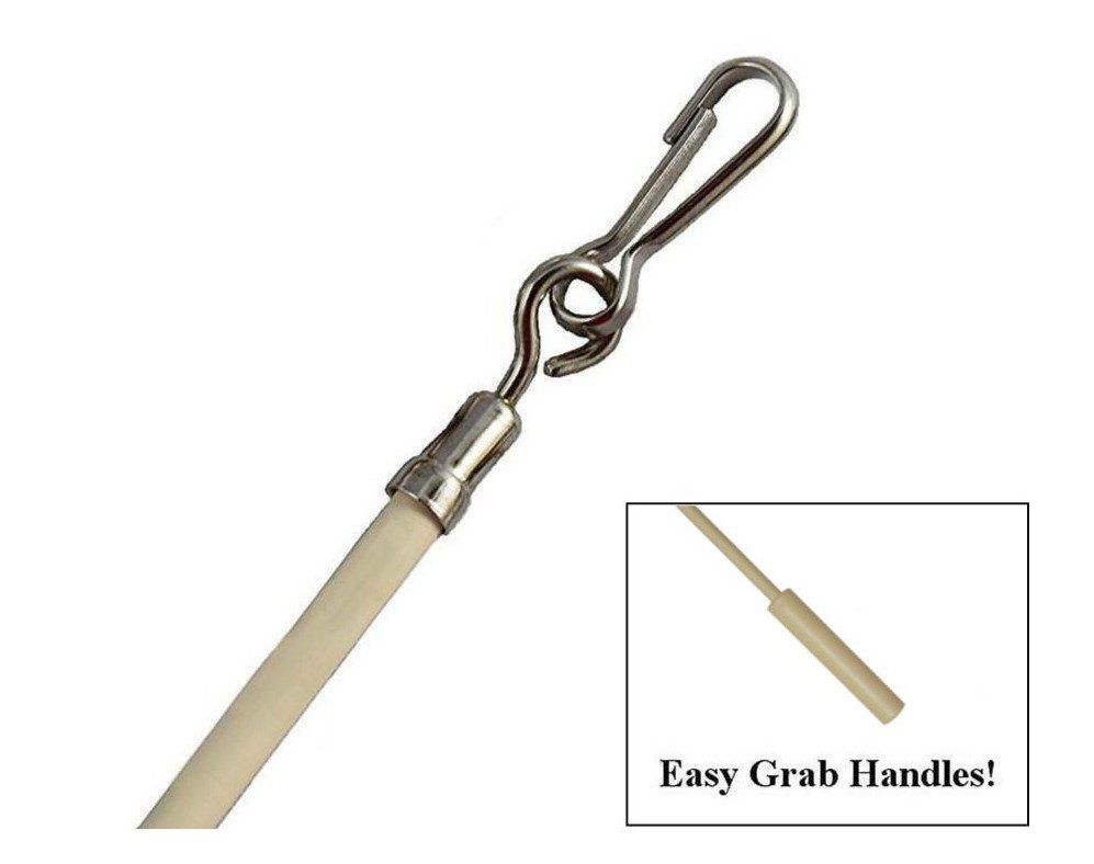 Close up of a beige pet leash with a metal clip for easy attachment.